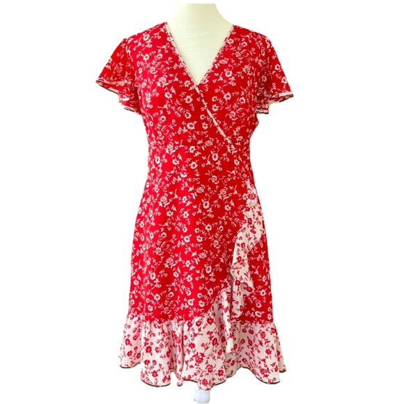 Vince Camuto Red Floral Faux Wrap Ruffle Dress Women's 14 Flutter Sleeve - Picture 1 of 7
